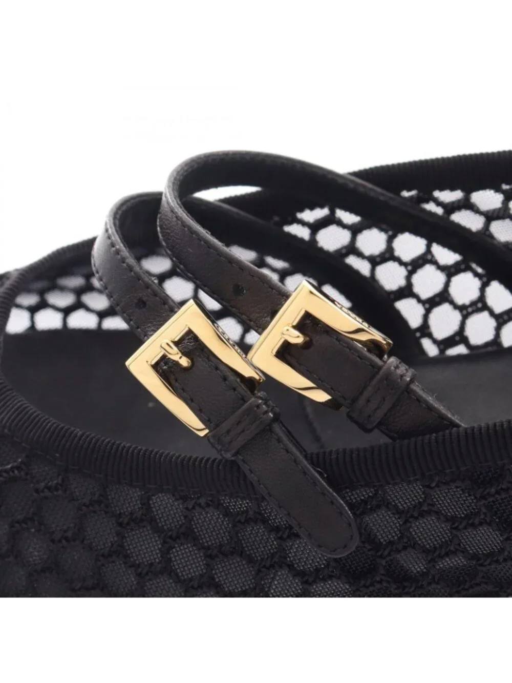 Prada Pumps Macrame Mesh Black Leather Ballet Shoes